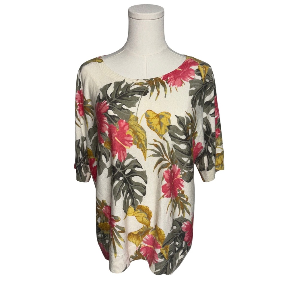 Talbots Floral Print Knit Top Women's Size L Short Sleeve Tropical Summer Beach
